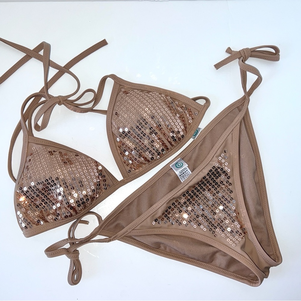 Beige Sexy Sequin 2 Piece Bikini Small